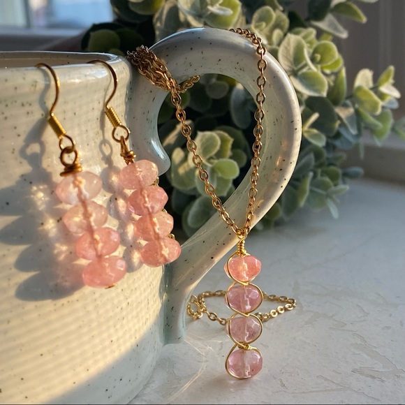 Cherry Quartz Jewelry set Pendant Necklace Dangle Earrings crystal jewelry - Picture 5 of 9